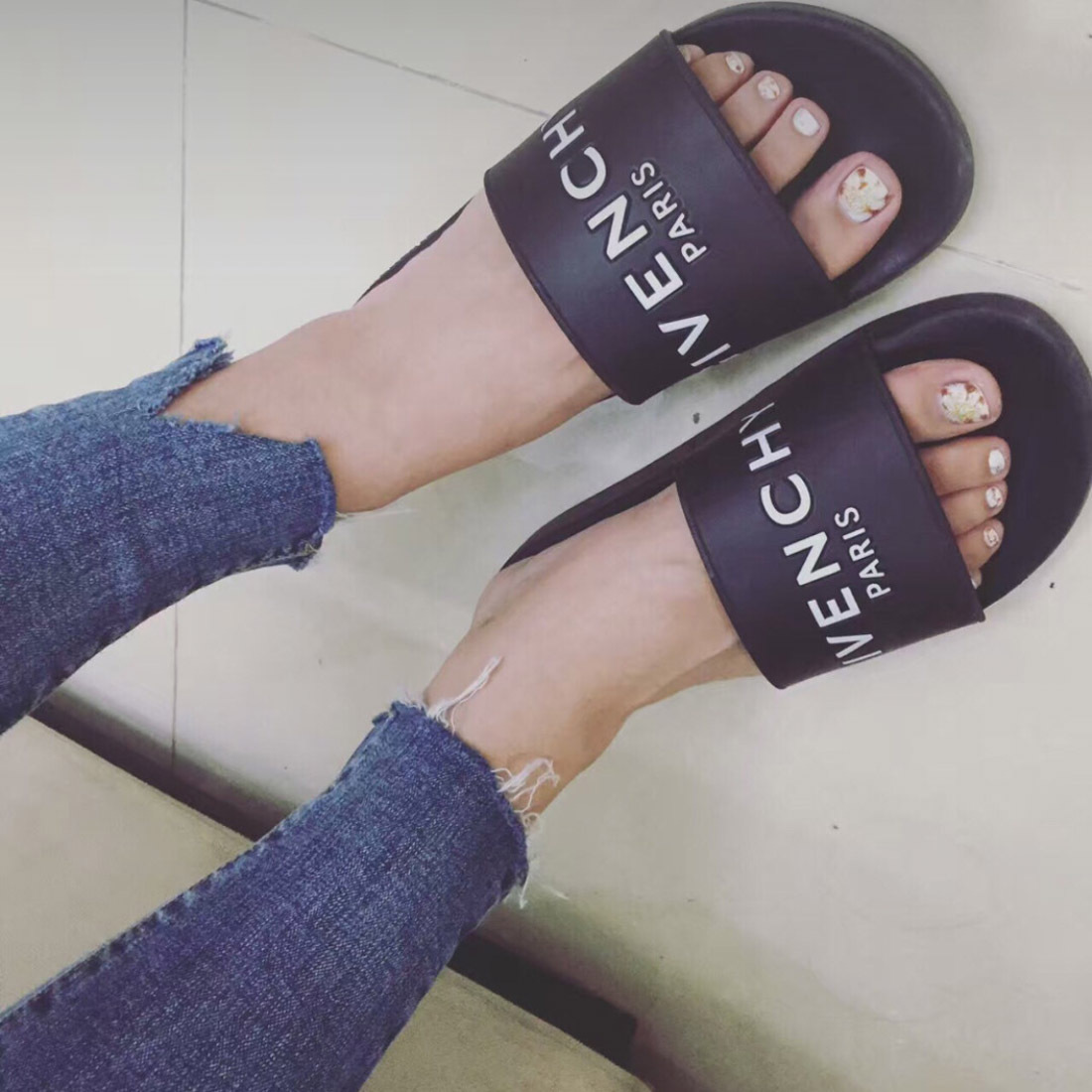 Shop Givenchy Black And White Logo Rubber Slides