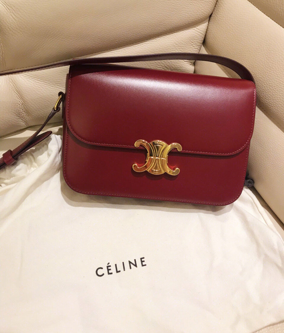Celine Triomphe Medium Shiny Cow Leather Handbag In Red