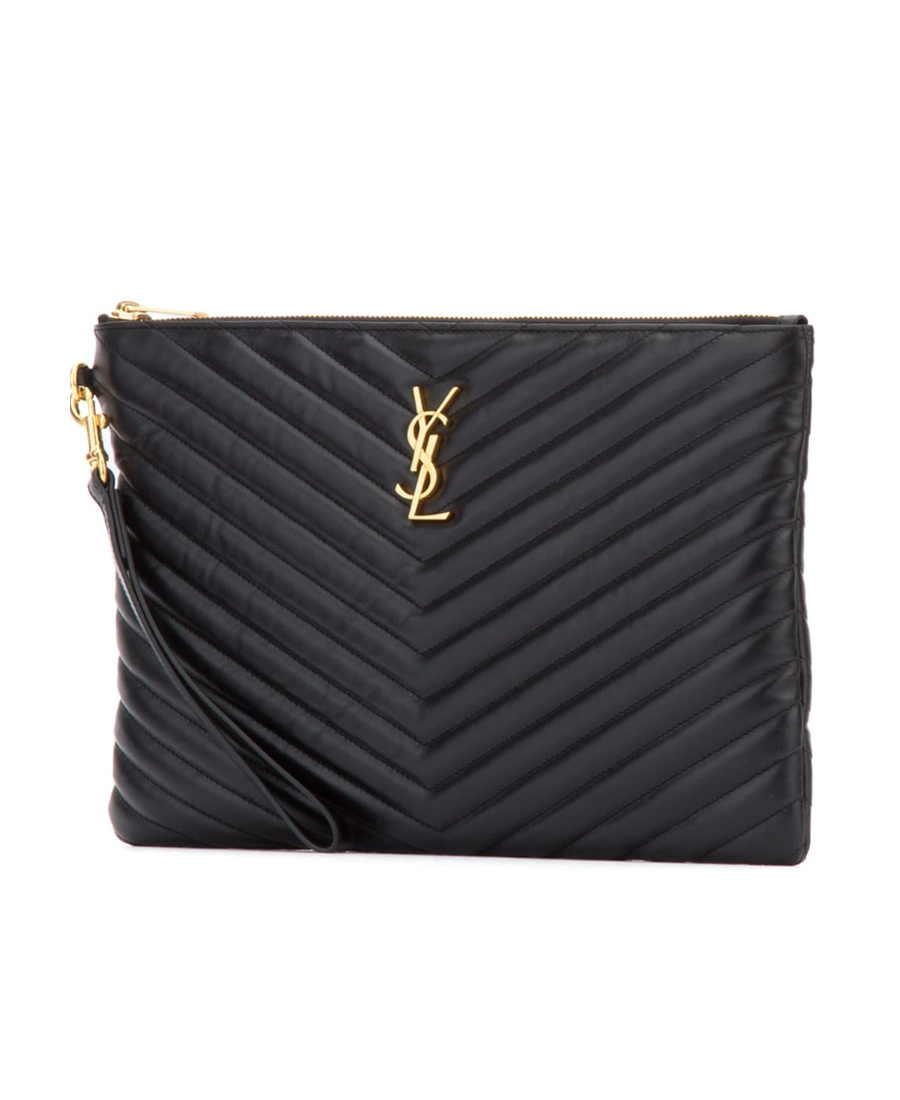 Saint Laurent Monogram Ysl Large Chevron Quilted Flat Wristlet Pouch Bag In Black