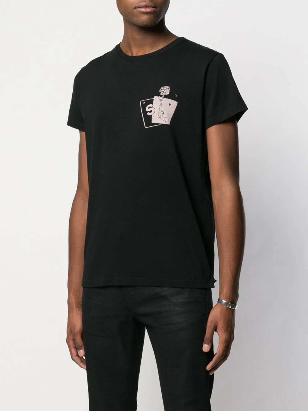 Saint Laurent Cotton Pistol Rose Print T-shirt In Black