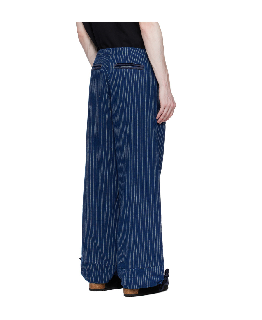 Greg Lauren Striped Drawstring Straight Trousers In Blue