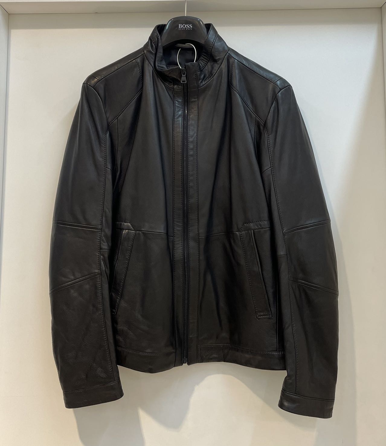 Hugo Boss Long-sleeved Leather Jacket In Black