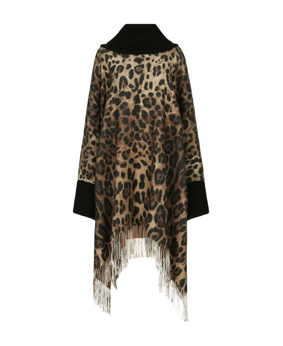 Dolce & Gabbana Leopard-print Fringed Poncho In Black