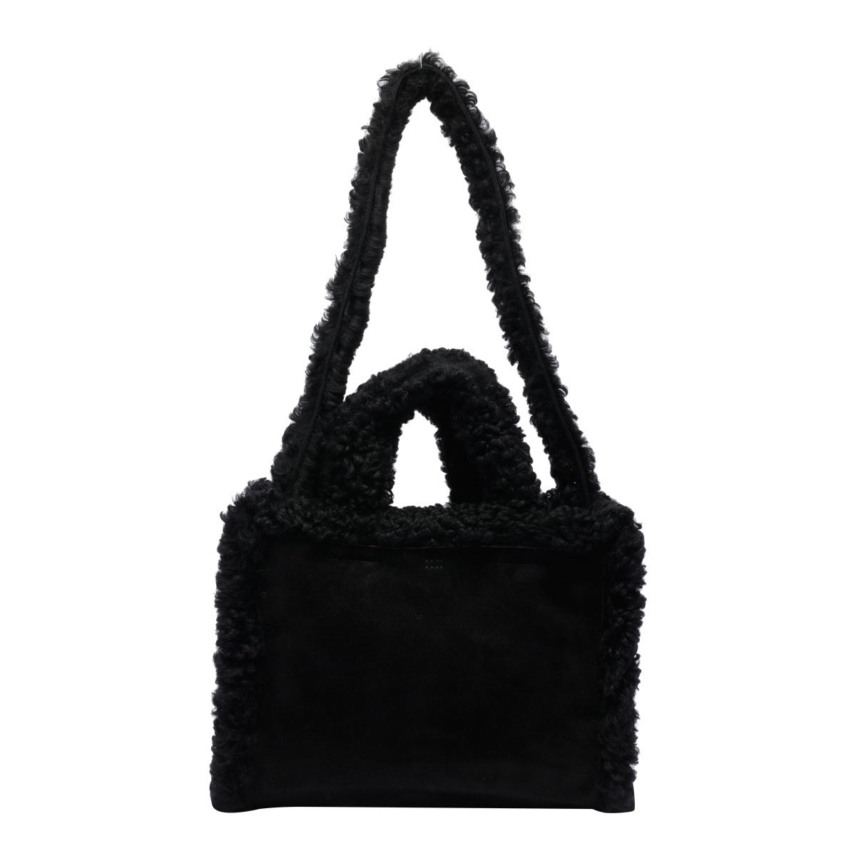 Marni Shearling-trim Logo Detailed Tote Bag In Black