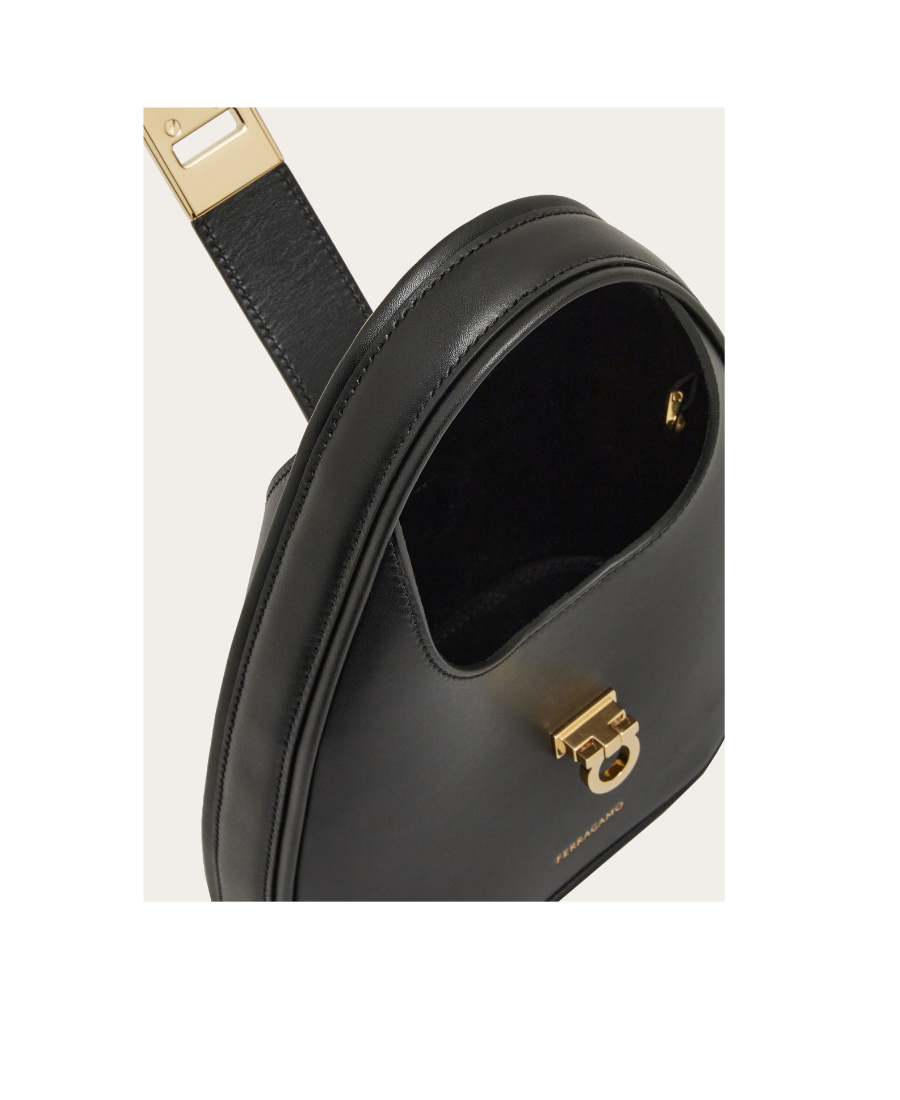 Ferragamo Salvatore Gancini-buckle Logo-engraved Mini Hobo Bag In Black
