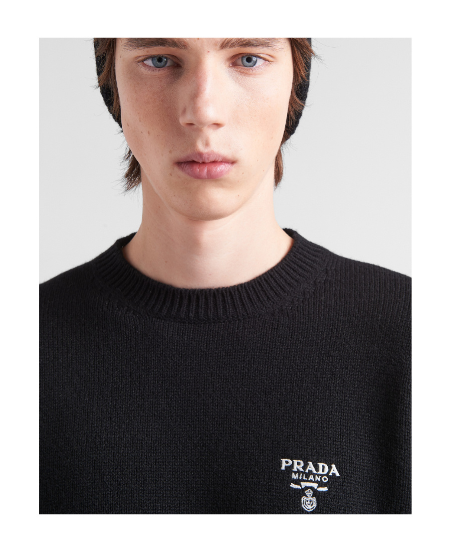 Prada Logo Embroidered Crewneck Knit Sweater In Black