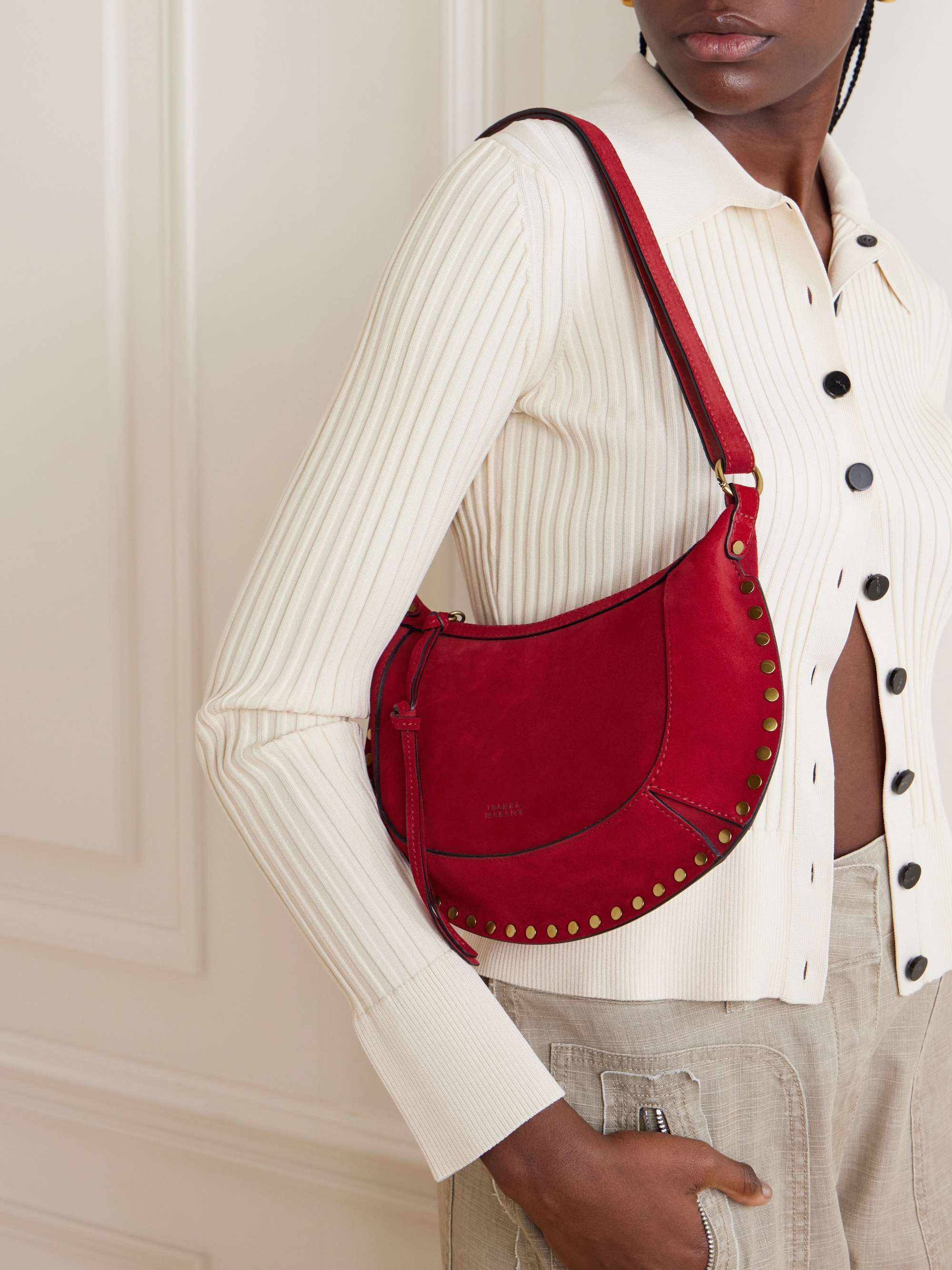 Isabel Marant Oskan Moon Studded Suede Shoulder Bag In Red