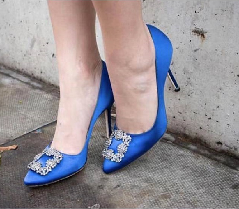 Manolo Blahnik Satin Jewel-inlaid High Heels In Blue