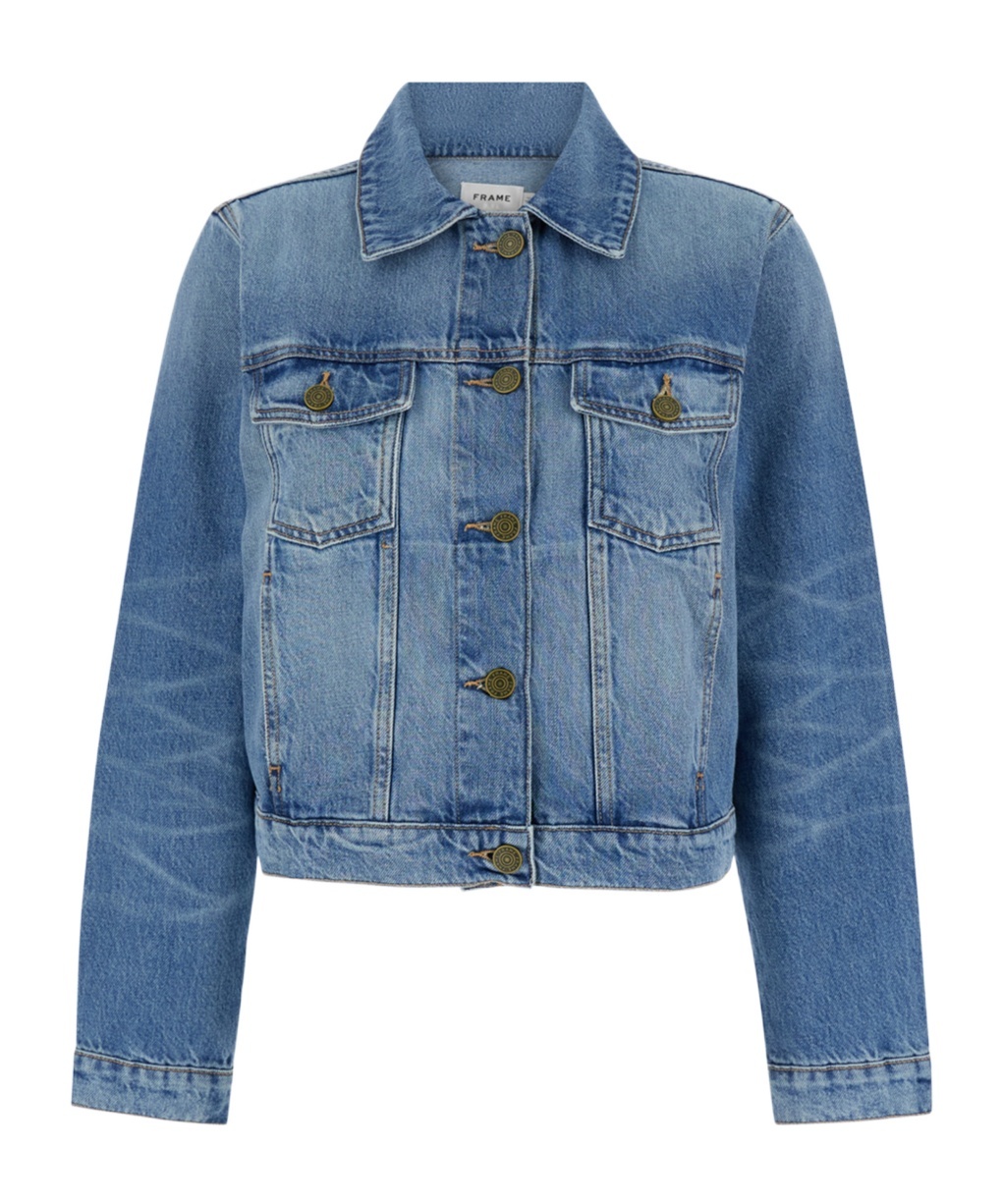 Frame Light Blue Crop Jacket With Branded Button In Cotton Denim Woman In Blue