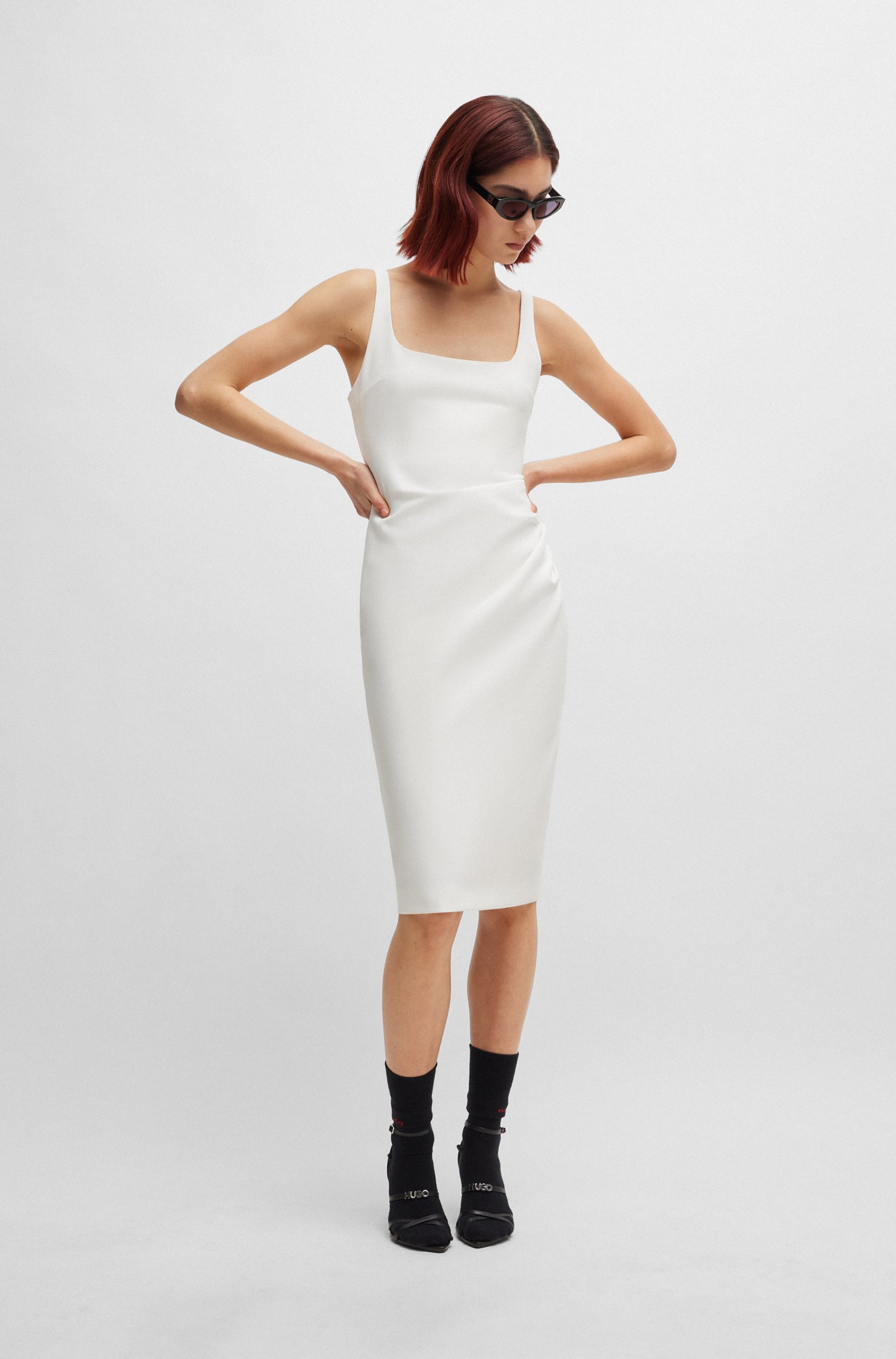 Hugo Boss Square-necked Dress With Pleated Details In White