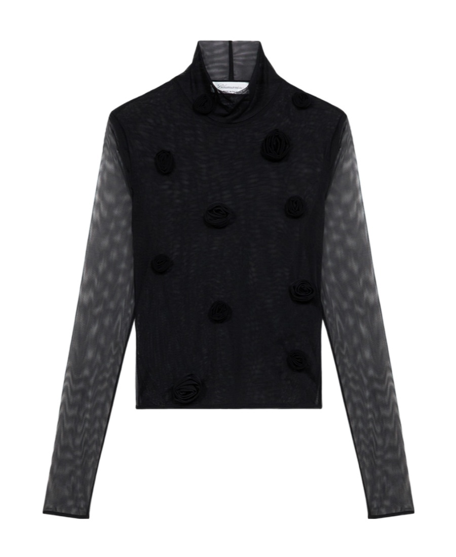 Shop Blumarine Floral-appliqué Long-sleeve Mesh Top In Black
