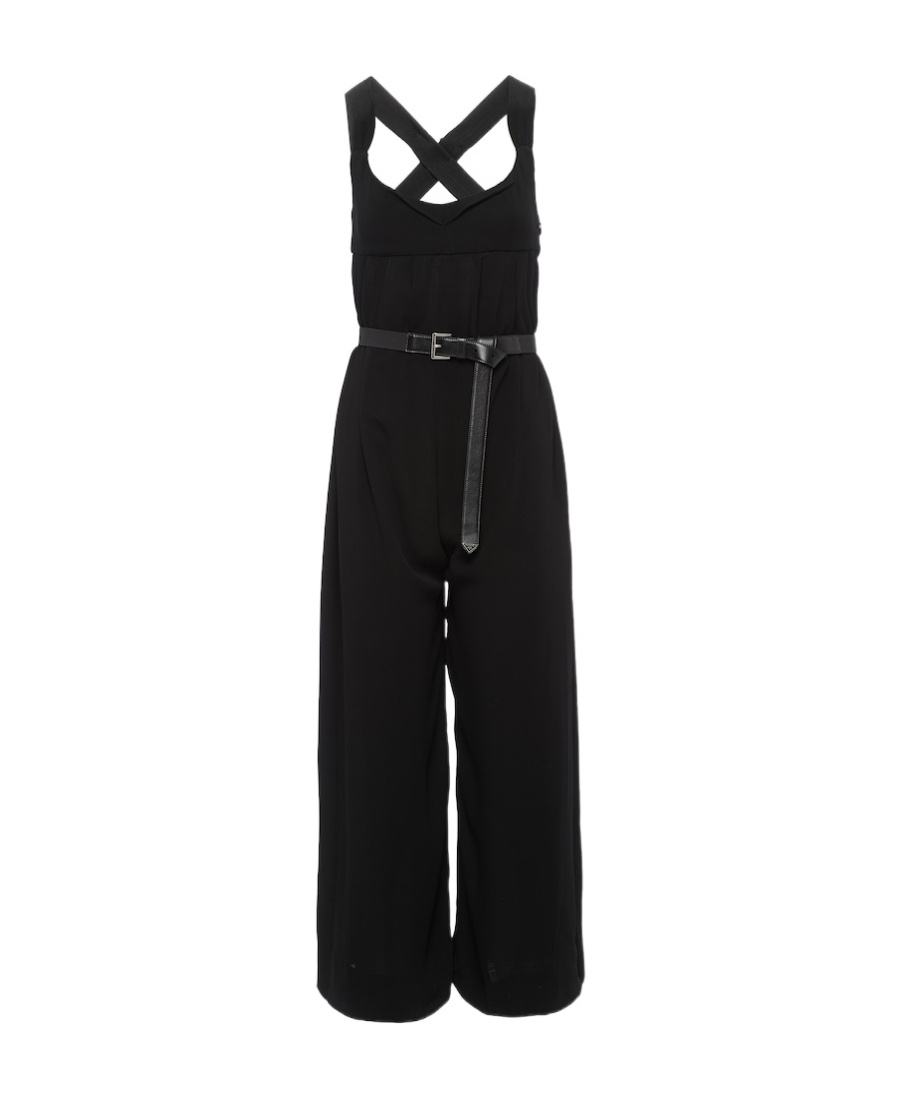 Prada Leather Belted Wide-leg Crepe Jumpsuit In Black