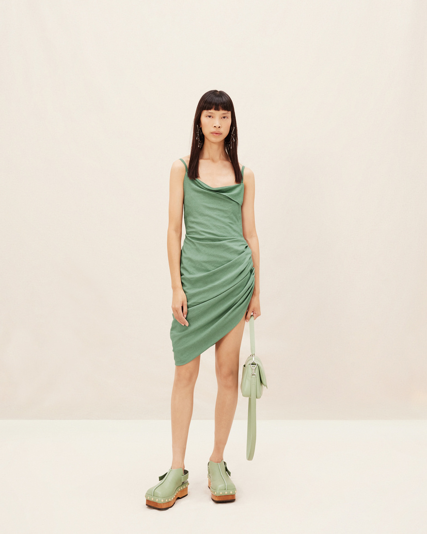 Jacquemus Ruched-detail Asymmetric Mini Dress In Green