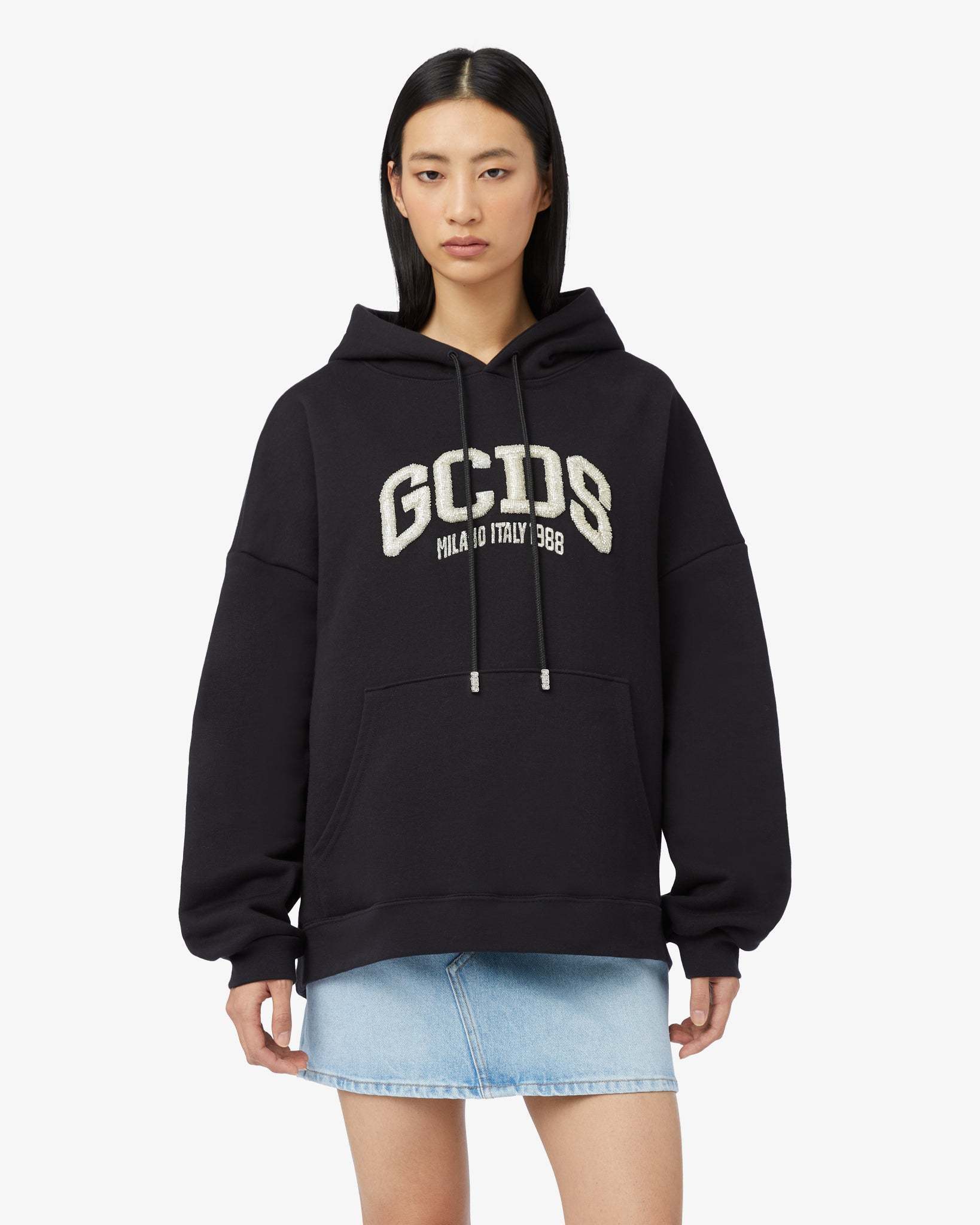 Gcds Cotton Hooded Sweatshirt Kangaroo Pocket In Black