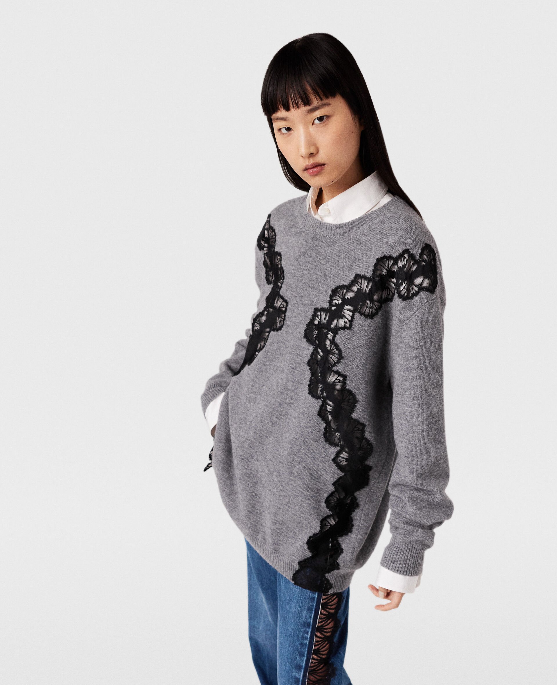 Stella Mccartney Lace-detailed Knitted Mini Dress In Gray