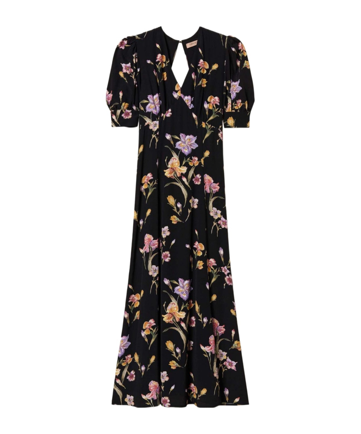 Twinset Floral-print Satin Maxi Dress In Black
