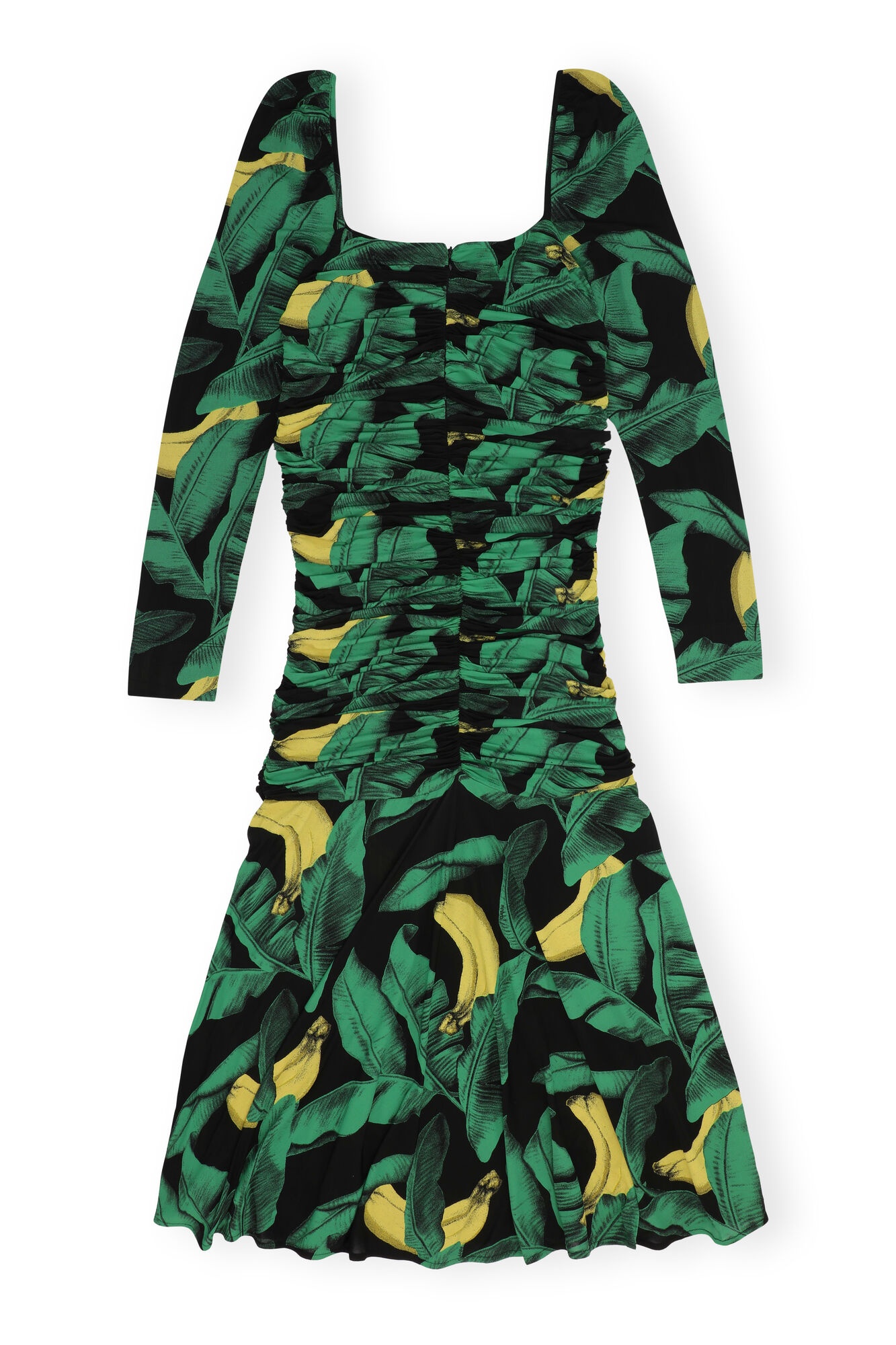 Ganni Palm Print Long Sleeve Gathered Jersey Dress In Green