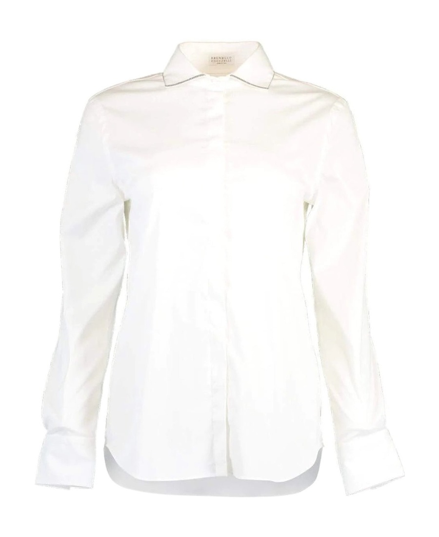 Brunello Cucinelli Women's Point Collar Curved Hem Shirt In White