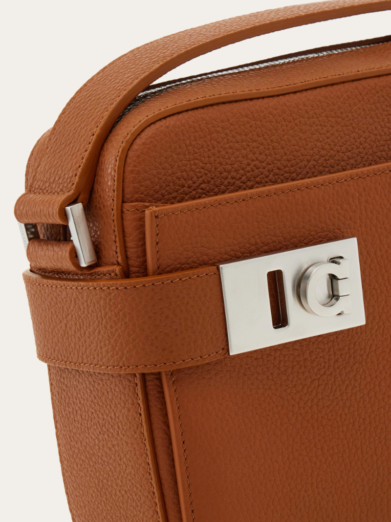 Ferragamo East-west Crossbody Bag With Gancini Buckles In Brown