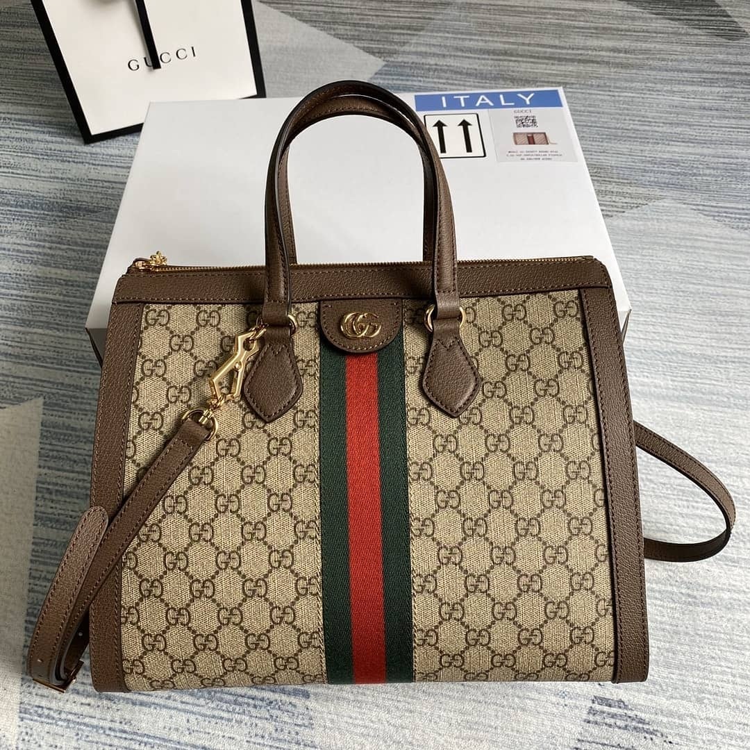 Gucci Small Ophidia Gg Supreme Top Handle Bag In Brown