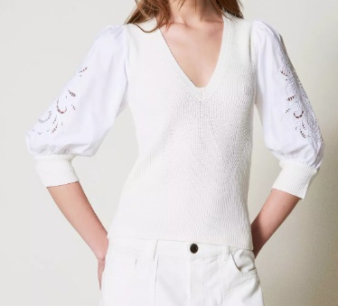Twinset Puff-sleeve Broderie-anglaise Jumper In Neutral