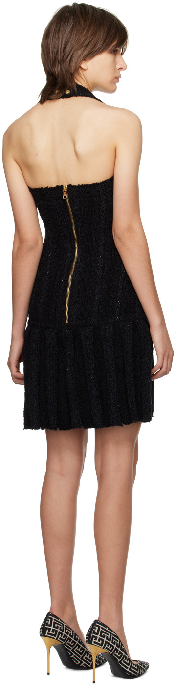 Balmain Embellished Pleated Tweed Halterneck Mini Dress In Pa Noir