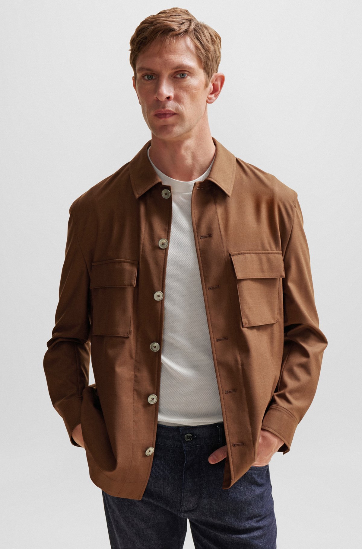 Hugo Boss Mélange-effect Shirt Jacket In Brown
