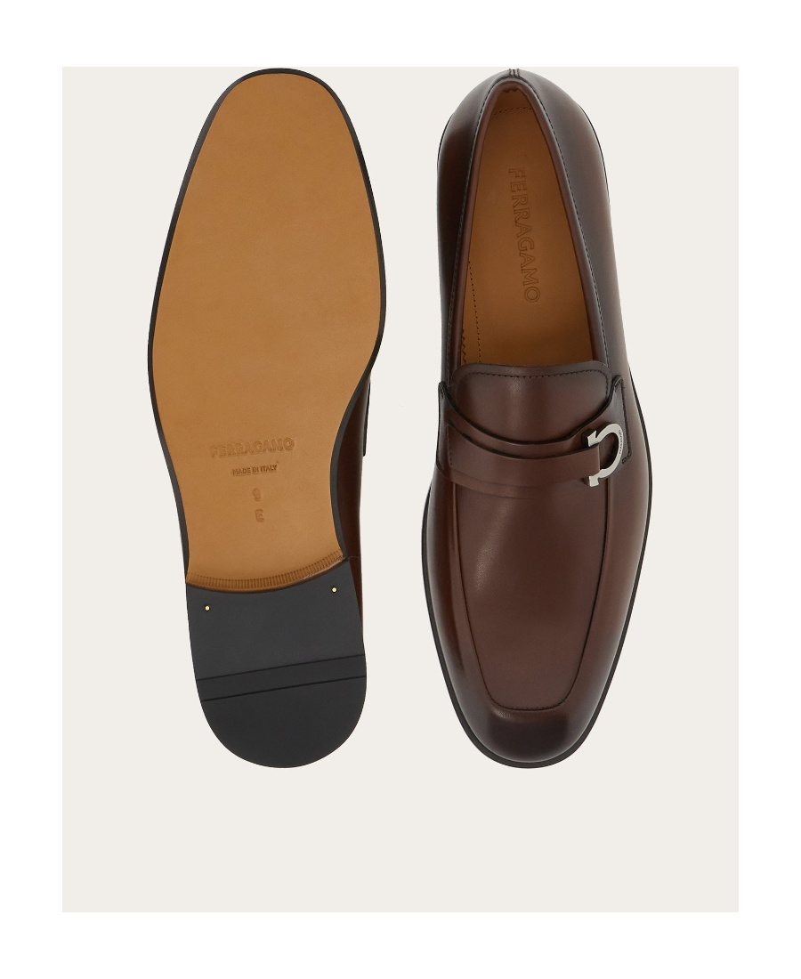 Ferragamo Florio Leather Loafer With Gancini Detail In Brown