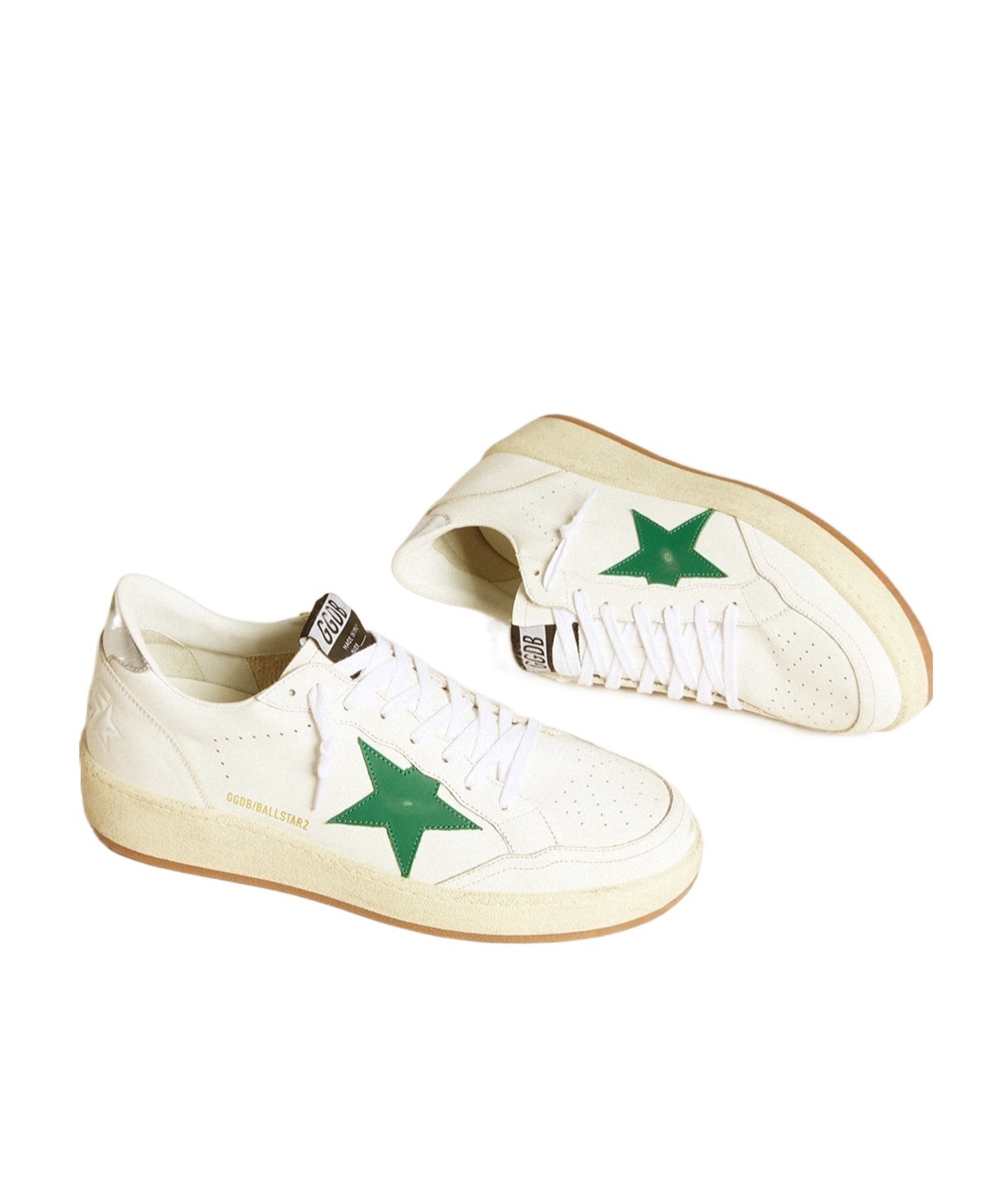 Shop Golden Goose Ball Star 2 With Green Leather Star And Metallic Leather Heel Tab In Nude