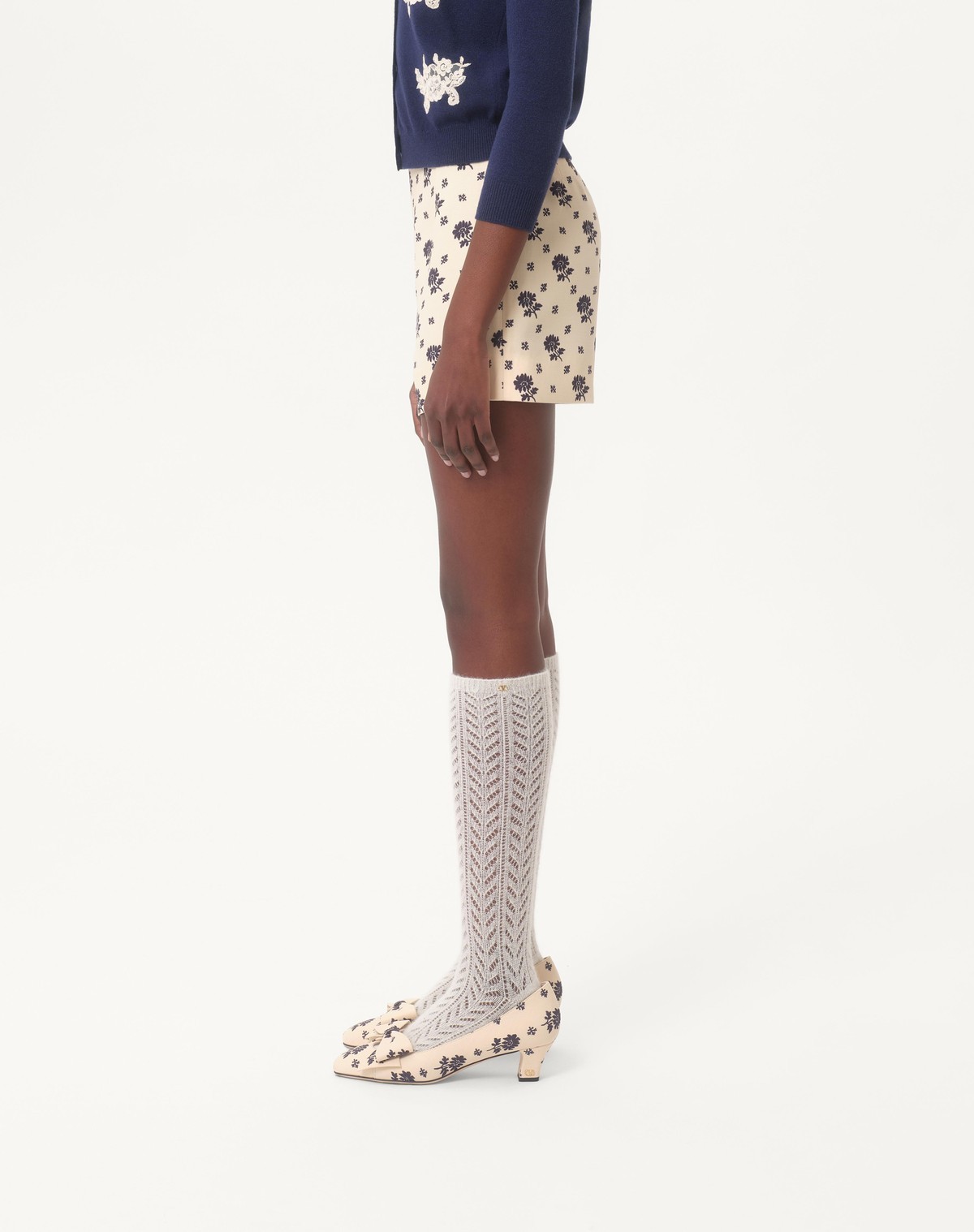 Shop Valentino Shorts In Crepe Couture Fiorellino Blu Papier Floral In Milk/blue