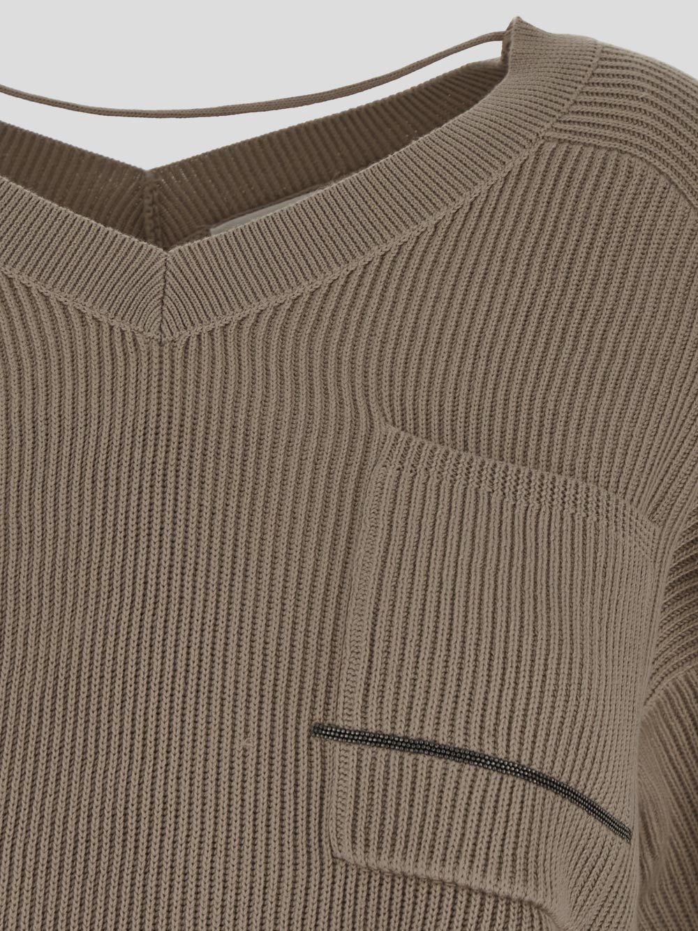 Brunello Cucinelli Cotton Rib Sweater With Jewel In Brown