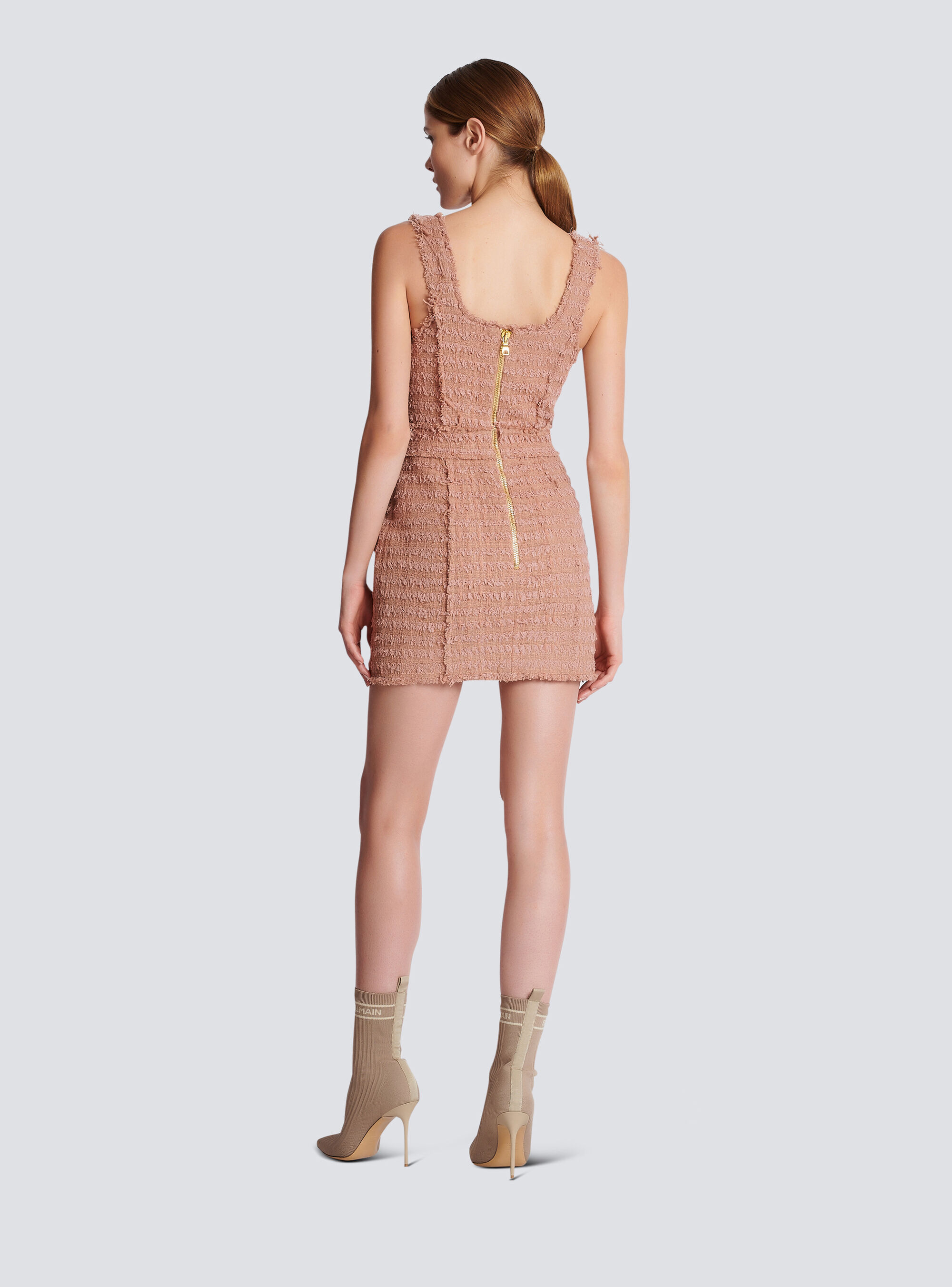 Balmain Button-embossed Strapped Tweed Short Dress In Nude