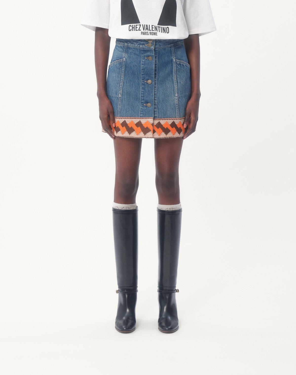 Shop Valentino Denim Skirt With Jacquard Trims In Blue