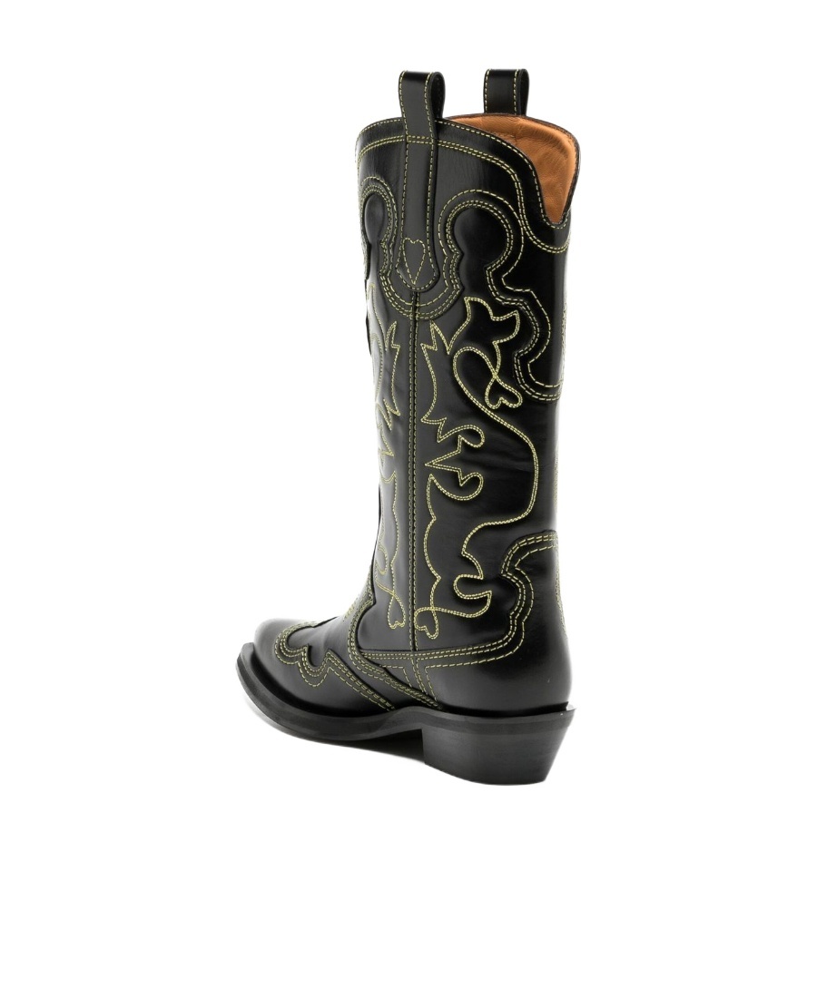Ganni Mid Shaft Embroidered Western Boot In Black