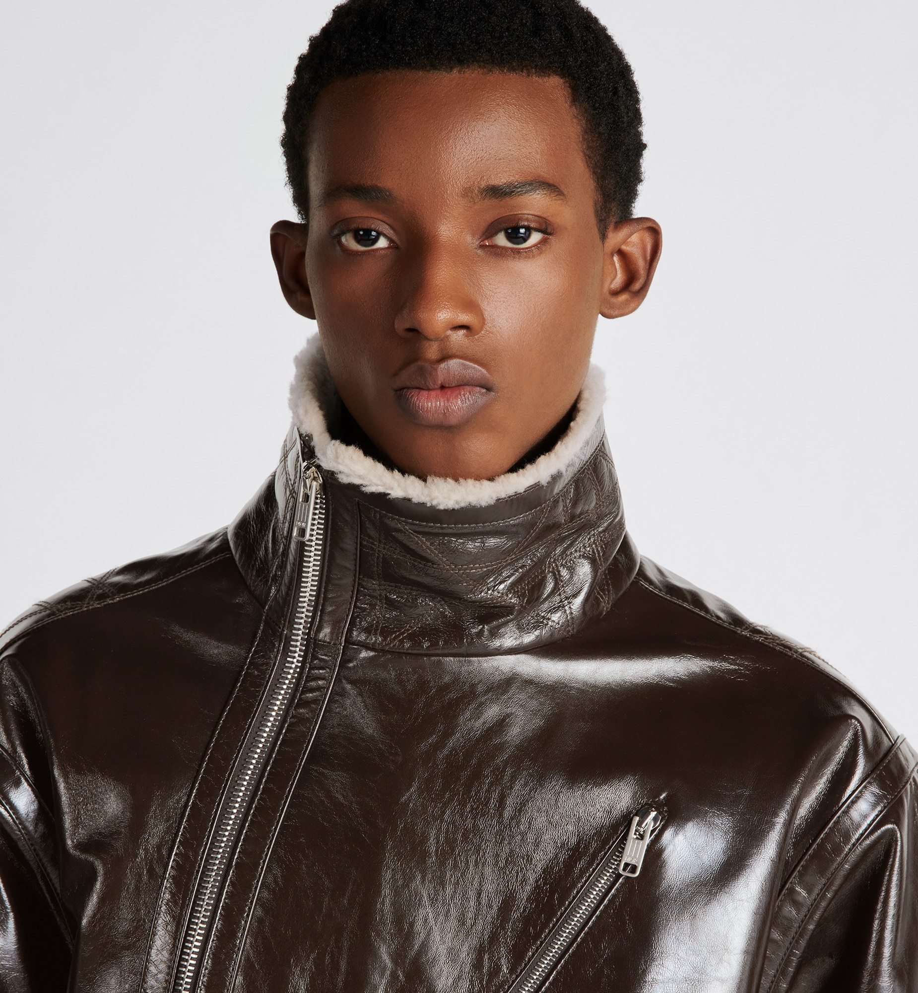 Dior Long-sleeved Leather Jacket With Wool Collar In Brown