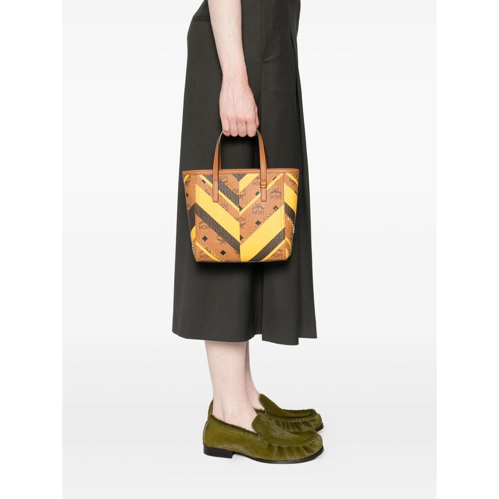 Mcm Chevron-pattern Studded Tote Bag In Brown