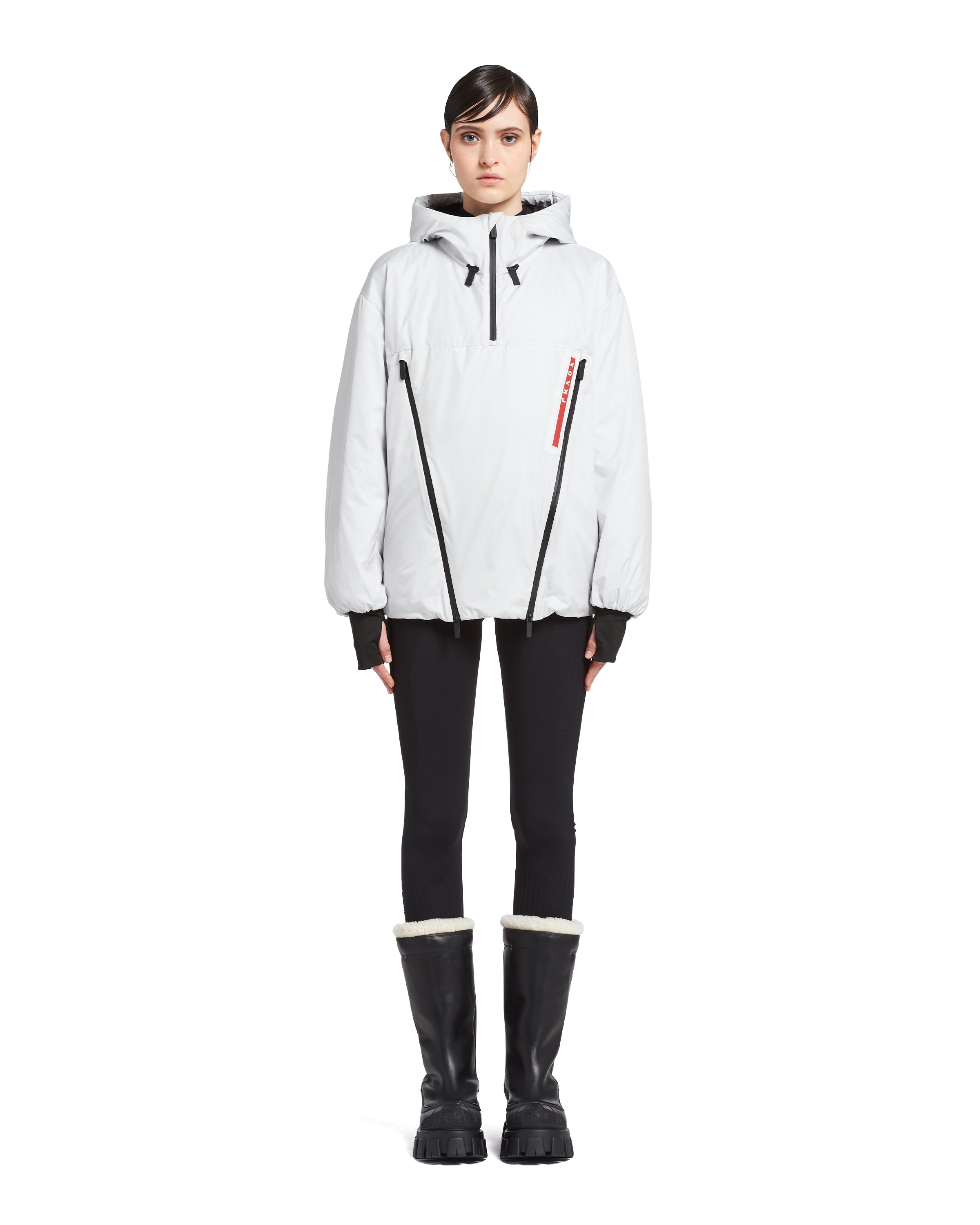 Prada Hooded Polyester Jacket With Elasticated Cuffs In Chalk White
