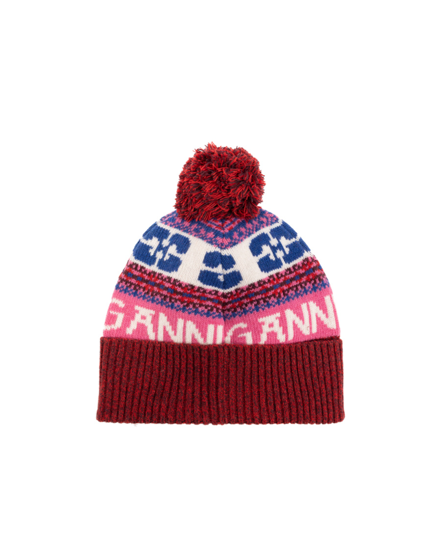 Ganni Patterned-intarsia Knitted Beanie In Red