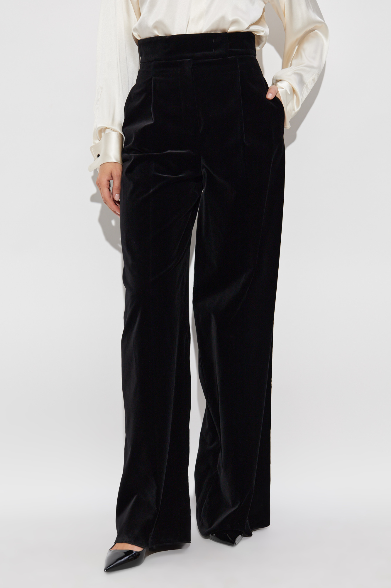 Max Mara High Waist Velvet Wide Leg Trousers In Black