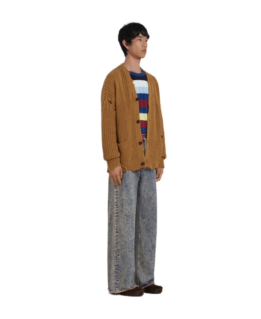 Marni Distressed-finish Cable-knit Cardigan In Brown