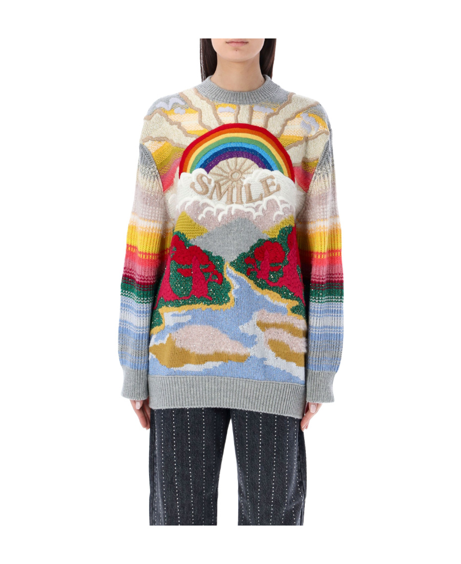 Stella Mccartney Festive Smile Embroidered Intarsia Wool-blend Sweater In Gray