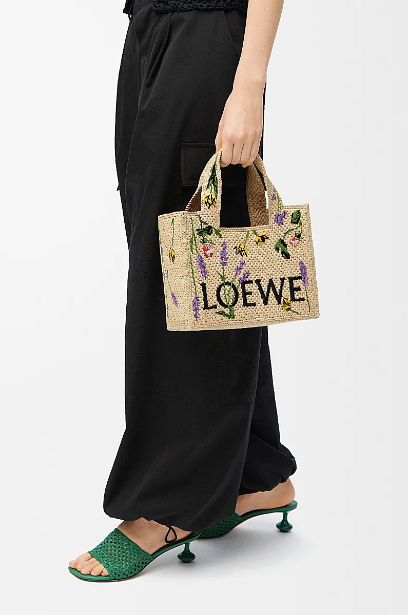 Loewe Font Flowers Small Raffia Tote Bag In Nude