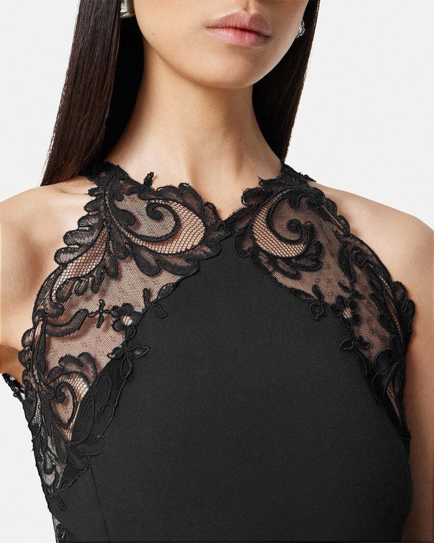 Versace Barocco-lace Trim Halterneck Minidress In Black