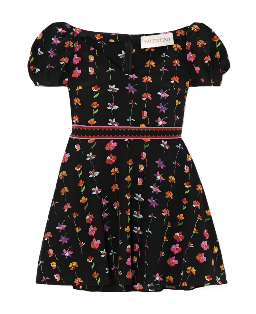 Valentino Floral-print Wool-blend Crepe De Chine Mini Dress In Black