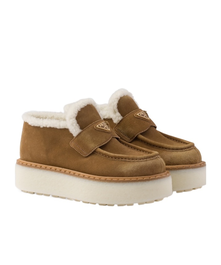 Prada Suede Shearling Flatform Loafers In Cinnamon