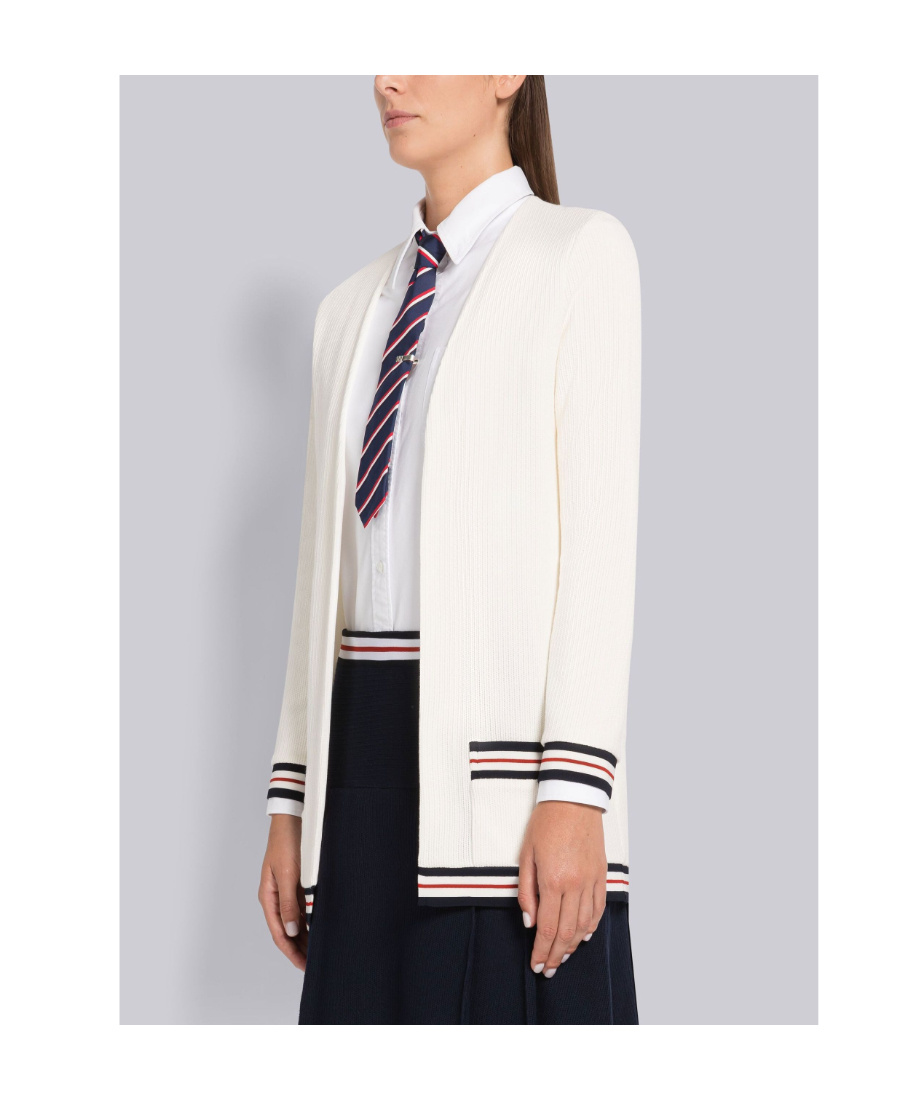 Thom Browne Rwb Stripe Ribbed Cardigan In White