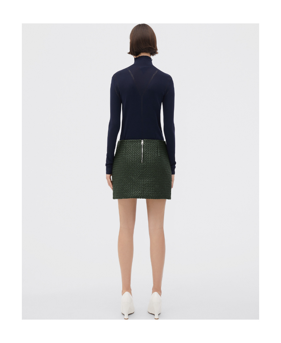 Bottega Veneta Green Intrecciato Raffia Mini Skirt For Women In Black