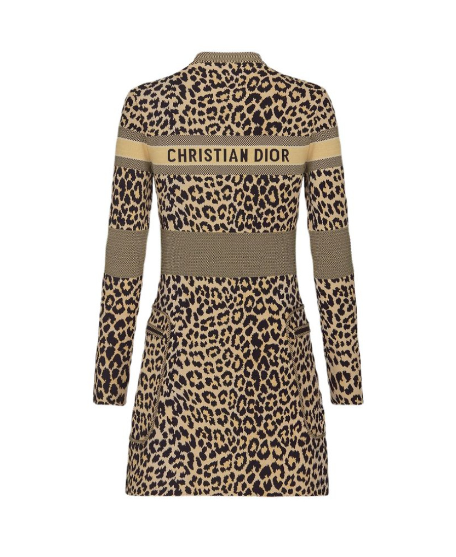 Dior Wang Ziwen's Same Leopard-print Long-sleeved Dress In Multicolor