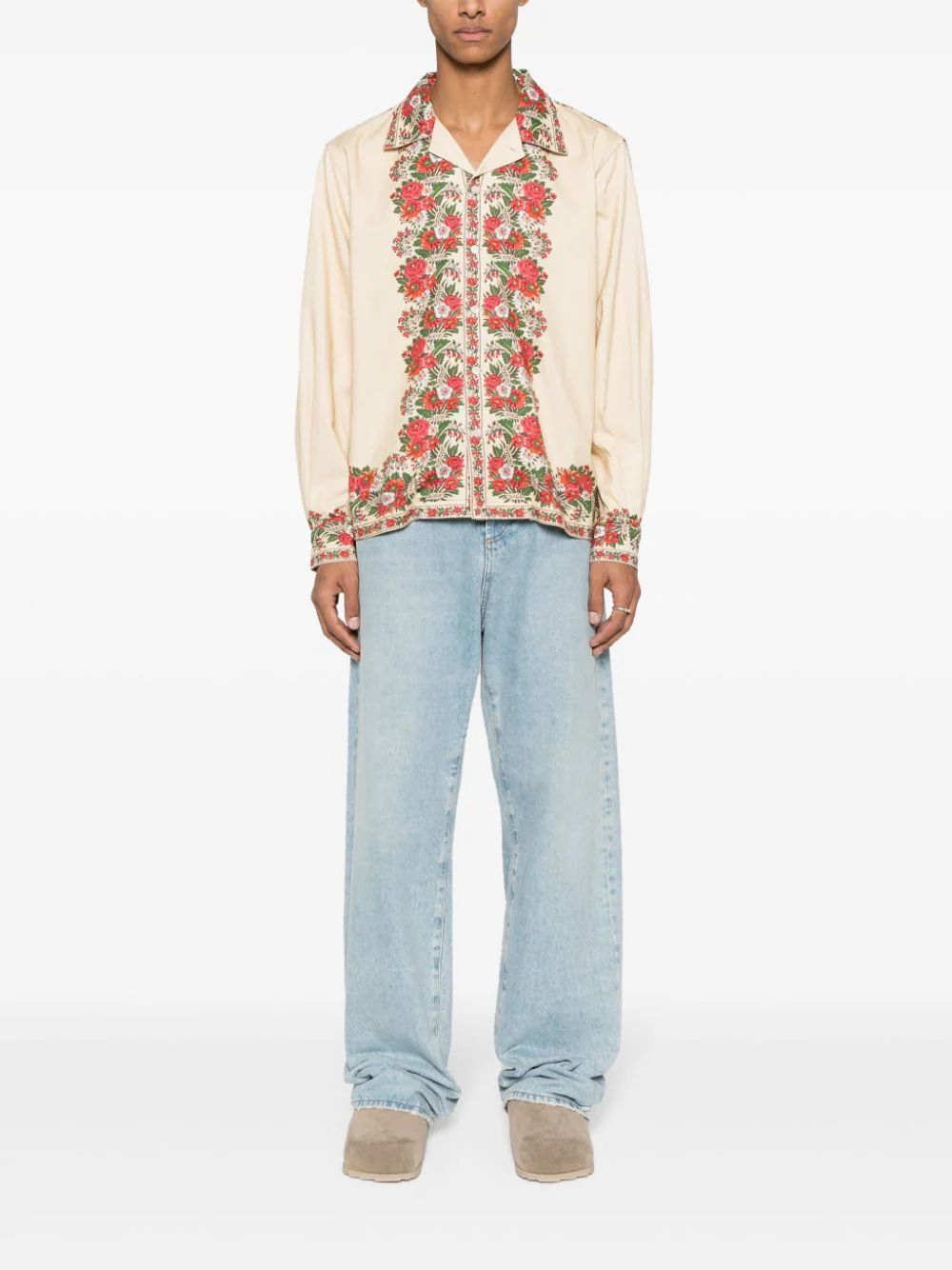 Shop Bode Floral Print Long-sleeved Shirt In White