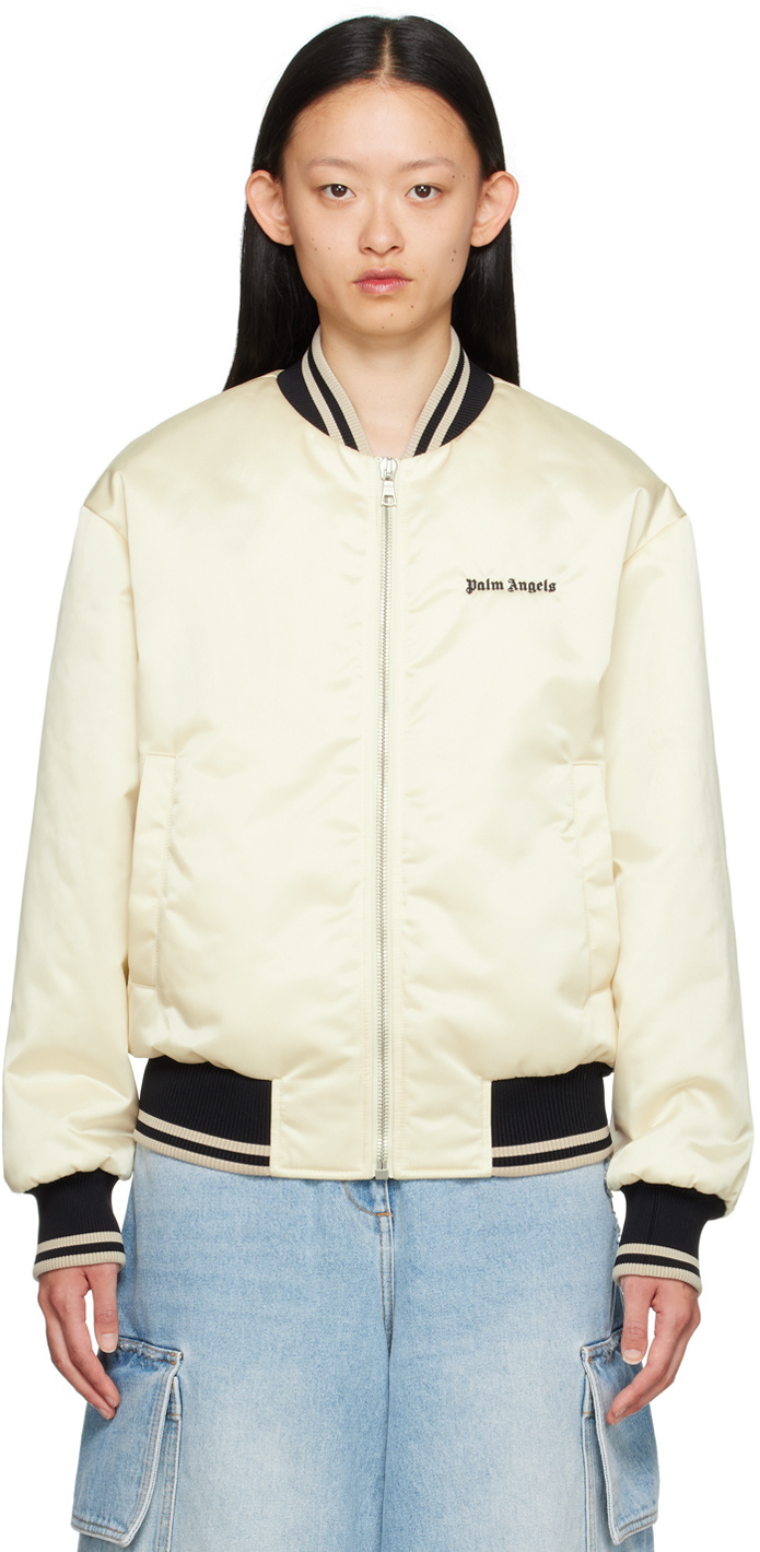 Shop Palm Angels Logo Embroidered Zipped Bomber Jacket In White